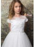 Beaded White Lace Tulle Flower Girl Dress With Scalloped Edge